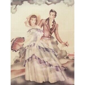 Vintage Art Deco Courting Couple 1940s Watercolor Style Framed Lithograph Signed